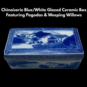 Chinoiserie Blue/White Glazed Ceramic Box Featuring Pagodas & Weeping Willows